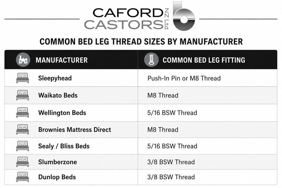 Common bed leg thread sizes used by New Zealand Bed Makers